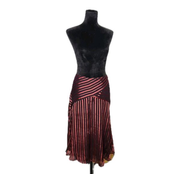 Alfani Black & Maroon Striped Silk Blend A-line Midi Skirt Women's Size 10 - Picture 1 of 6